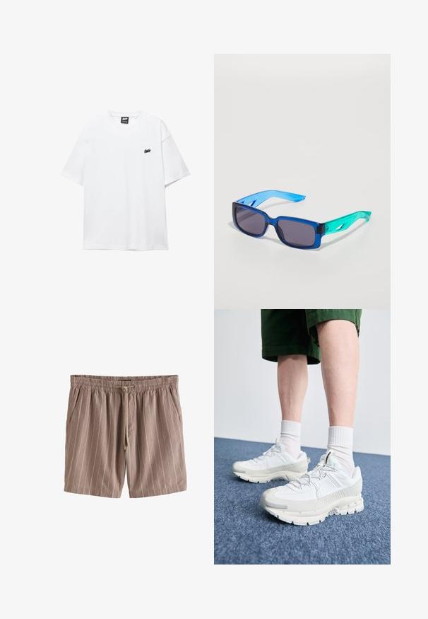 Witte katoenen T-shirt met korte mouwen, ronde hals en een klein zwart logo op de borst. Glad textuur en casual pasvorm.; Bruine gestreepte shorts van lichtgewicht stof, met een elastische tailleband, trekkoordsluiting en zijzakken.; Witte sportieve schoenen met textuuroverlays, een dikke zool en grijze accenten. Draag ze met witte crew-sokken en groene shorts op een blauwe ondergrond.; Blauwe en groene zonnebril met rechthoekige lenzen; transparante montuur; gemodelleerde blauwe armen; donkere lenzen; opvallende branding aan de zijkant.
