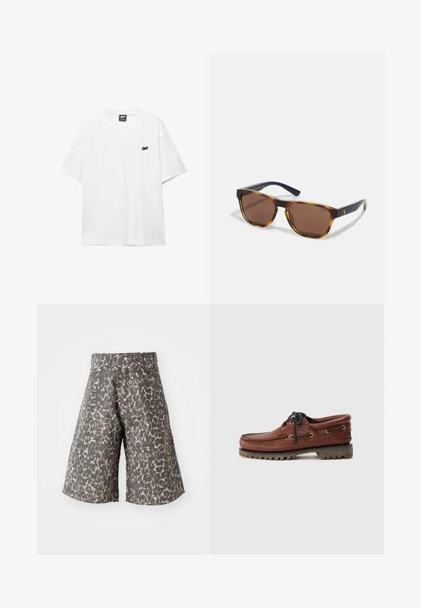 Bela bombažna majica s kratkimi rokavi, okroglo ovratnikom in majhnim črnim logotipom na prsih. Gladka tekstura in sproščen kroj.; Shorts s camo vzorom v odtieňoch sivej a béžovej. Vyrobené z textúrovanej látky, s klasickým dizajnom piatich vreciek a kovovým zapínaním na gombík.; Rjave usnjene čolnarice z teksturirano zgornjim delom, črnimi vezalkami in zlatimi luknjami za vezalke. Imajo trpežen, rebrast gumijast podplat.; Polo Ralph Lauren UNISEX - Sončna očala - dark brown