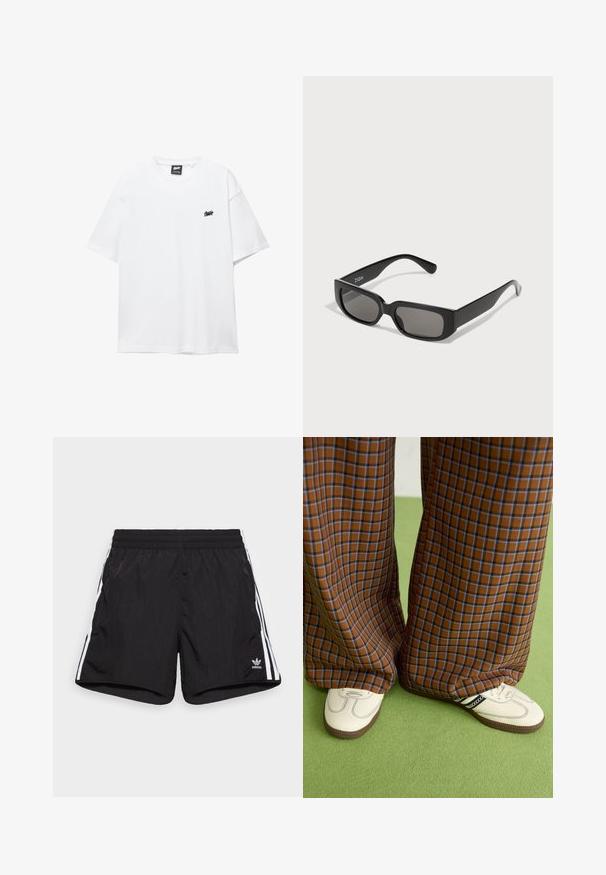 Tricou alb din bumbac, cu mâneci scurte, gât rotund și un mic logo negru pe piept. Textură netedă și croială lejeră.; Shorts atletici negri, fabricate dintr-un material ușor, având o talie elastică, două dungi laterale albe și un mic logo pe tiv.; Pantaloni largi cu carouri maro și albastru, asociați cu pantofi albi cu accente negre și tălpi texturate, împotriva unui fundal verde.; Ochelari de soare dreptunghiulari negri cu lentile fumurii, realizați din plastic neted. Au un design minimalist cu brațe drepte și o marcaj subtil.