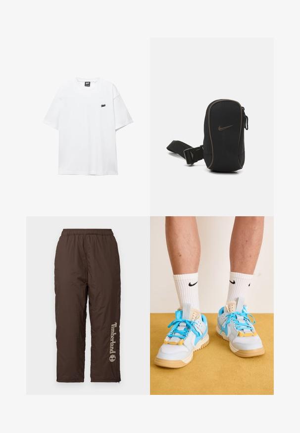 White cotton t-shirt with short sleeves, round neck, and a small black logo on the chest. Smooth texture and casual fit.; Brown nylon pants with an elastic waistband. Features a vertical Timberland logo in light beige. Smooth texture, ankle zippers for fit adjustment.; Light blue sneakers with tan soles, featuring prominent turquoise laces and yellow accents. Textured materials and visible air cushioning.; Black Nike pouch with a zip closure, textured fabric, brown accents, and a detachable strap. Features a prominent Nike logo on the front.