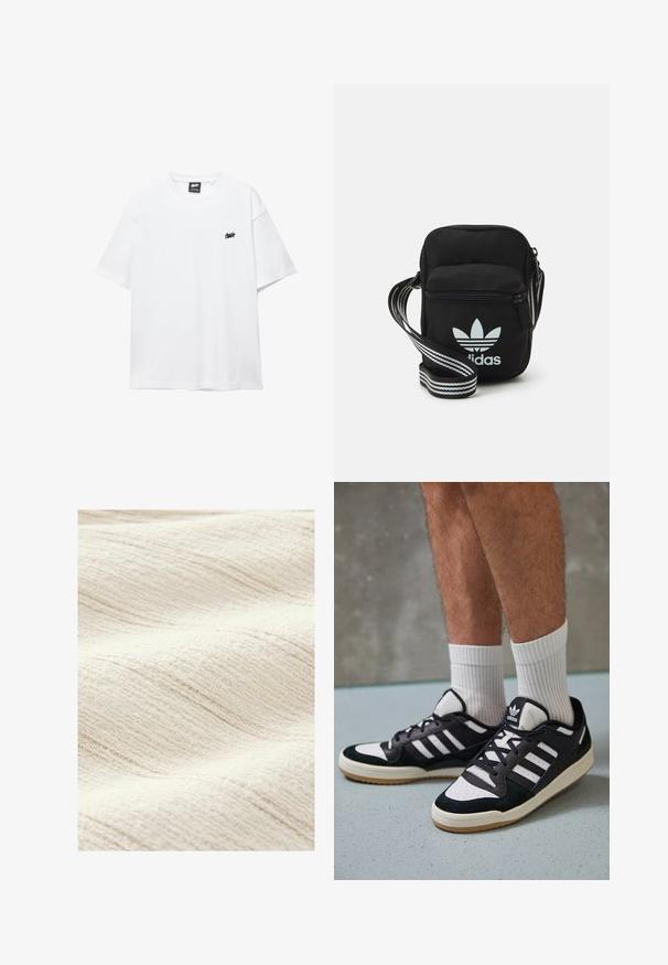 Vit bomulls t-shirt med korta ärmar, rund hals och en liten svart logotyp på bröstet. Slät textur och avslappnad passform.; Texturerad, off-white tyg med ett subtilt vågmönster. Ytan verkar mjuk och har fina, ojämna linjer som ger extra djup.; Svartvita sneakers med ovandel i mocka och läder, med tre vita ränder, perforerad tå och sula av gummigummi.; Svart tygaxelväska med dragkedjestängning, prydd med en vit Adidas-logga och ett randigt justerbart band för enkel bärning.