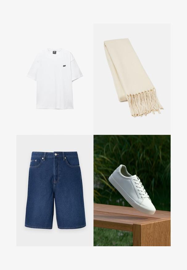 Fehér pamut póló rövid ujjakkal, kerek nyakkal és egy kis fekete logóval a mellkasán. Simá szövet és laza fazon.; Sötétkék árnyalatú farmer rövidnadrág klasszikus szabásban, öt zsebes kialakítással és kontrasztos varrási részletekkel.; Fehér fűzős sneaker lebeg egy fa padról, hátterében zöld növényzet található, bemutatva a cipő dizájnját és textúráját.; Puha anyagú bézs sál, sima textúrával és rojtos végekkel. A kialakítása egyszerű és téglalap alakú.