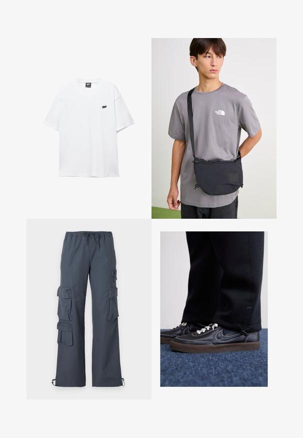 Weißes Baumwoll-T-Shirt mit kurzen Ärmeln, rundem Ausschnitt und einem kleinen schwarzen Logo auf der Brust. Glatte Textur und lässige Passform.; Dunkelgraue Cargo-Hosen mit einem elastischen Bund, mehreren großen Taschen an den Seiten und verstellbaren Bündchen an den Knöcheln.; Nike Sportswear KILLSHOT 2 LTR PRM OPP2 - Sneaker low - black sail baroque brown mtlc dk grey; Schwarze Nylon-Crossbody-Tasche mit verstellbarem Riemen, ausgestattet mit einem Kordelzugverschluss und einem geprägten Logo-Detail. Getragen über einem grauen T-Shirt.