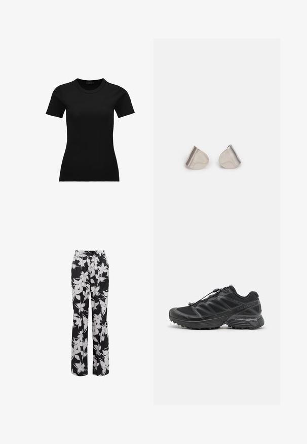 Czarny, prążkowany t-shirt z krótkim rękawem i okrągłym dekoltem. Materiał jest gładki i elastyczny, zaprojektowany z myślą o dopasowanym kroju.; Czarne kwiatowe spodnie o luźnym kroju. Posiadają białe kwiatowe wzory oraz elastyczny pas. Wykonane z gładkiego, lekkiego materiału.; Czarny but biegowy z siateczkowym i syntetycznym wierzchem, elastyczną podeszwą oraz elastycznymi sznurówkami. Oferuje amortyzującą podeszwę środkową dla komfortu.; Srebrne metalowe kolczyki o gładkim, kroplowym kształcie i wypolerowanym wykończeniu. Delikatne grawerunki dodają szczegółów. Minimalistyczny design.