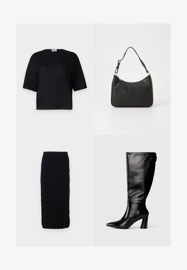 Mustat lyhythihaiset paita, joka on valmistettu sileästä kankaasta, pyöreällä pääntiellä ja rentoa istuvuutta. Sisältää läpikuultavia, teksturoituja paneeleita hihojen varrella.; Mustahdan, polviin ulottuva neulehame, jossa on tekstuuripinta ja suora leikkaus. Vyötärö on joustava mukavuutta varten.; Mustat nahkasaappaat, joissa on terävä kärki, sileä pinta ja paksu korko. Takana on vetoketjuyksityiskohta.; Mustat nahkakäsilaukku, jossa on kaareva muoto, yksi hihna, vetoketjukiinnitys ja hienovarainen brändäys etuosassa. Sujuva pinta, minimalistinen muotoilu.