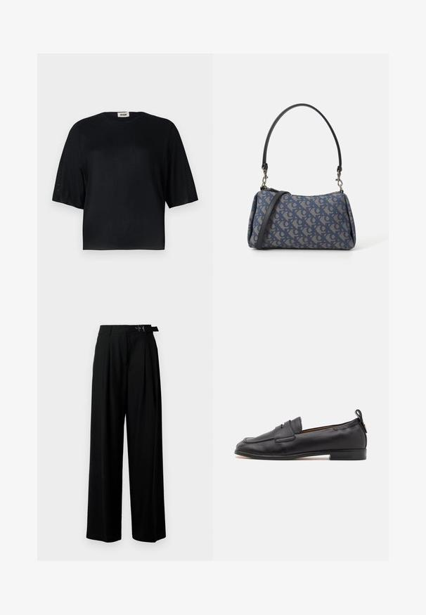Top nero a maniche corte realizzato in tessuto morbido con scollatura rotonda e vestibilità rilassata. Presenta pannelli trasparenti e testurizzati lungo le maniche.; Pantaloni neri a gamba larga con vita alta, pieghe nella parte anteriore e una cintura con fibbia. Realizzati in tessuto liscio e leggero.; BOSS AVYLIN LOAFER - Scarpe senza lacci - black; Borsa a tracolla blu con motivo, realizzata in tessuto, caratterizzata da una forma curva, una tracolla in pelle nera e un logo in una tonalità più chiara.