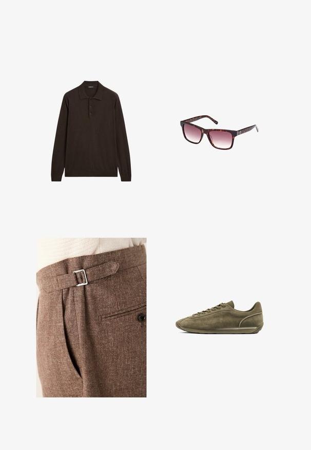 Polo a maniche lunghe di colore marrone scuro con tre bottoni e colletto classico, esposto su uno sfondo bianco.; Pantaloni marroni su misura realizzati in tessuto testurizzato, con una fibbia argento in vita, pieghe e una tasca posteriore con bottone.; Sneaker in suede verde oliva con profilo basso, punta rotonda, lacci davanti e design minimalista. Presenta una tomaia texturizzata e suola in gomma.; Occhiali da sole tartarugati con montatura rettangolare, lenti sfumate e aste spesse con un sottile dettaglio del logo. Texture liscia, design moderno.