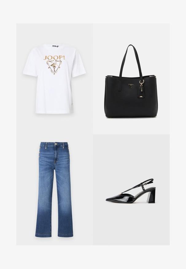 T-shirt bianco in cotone con logo in paillettes dorate e design floreale all'interno di una forma a scudo sul davanti. Maniche corte e scollatura rotonda.; Jeans a gamba larga di colore blu in denim, con chiusura a bottoni e cinque bottoni sul lato sinistro, con una sfumatura graduale sulle gambe.; Scarpe con tacco alto in vernice nera, con punta appuntita, cinturino regolabile e tacco rettangolare chunky.; Borsa tote nera realizzata in materiale sintetico testurizzato, dotata di due manici, una placca con logo dorato e un piccolo cartellino con un dettaglio di accentuazione.