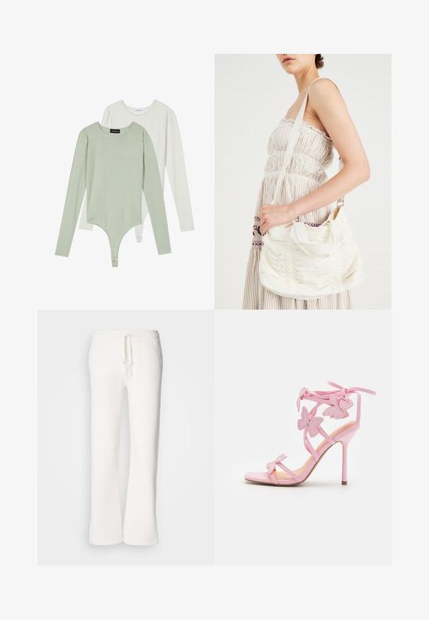 To lange ermer bodysuits: en i lys grønn med rund hals og puffermer, den andre i hvitt, med en jevn overflate og tettsittende passform.; Hvite, avslappede joggebukser laget av myk stoff, med elastisk liv med snor og rett ben-design.; Rosa høyhælte sandal med sommerfugl-detajer, laget av glatt materiale. Har tynne stropper og en slank hæl.; Hvit stoff skulderveske med samlet tekstur, justerbar stropp og sølvfarget hardware. Vist sammen med en kremfarget kjole.