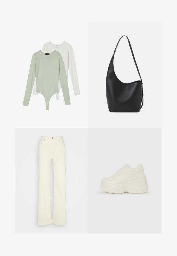 Two long-sleeve bodysuits: one in pale green with round neckline and puff sleeves, the other in white, featuring a smooth finish and snug fit.; GAP HIGH RISE STRIDE - Relaxed fit jeans - beach pebble; White platform sneakers featuring a smooth leather-like upper, rounded shape, padded collar, and textured rubber sole with defined treads.; Black leather hobo bag with a smooth texture, curved shape, and single adjustable strap; features a wide opening at the top.