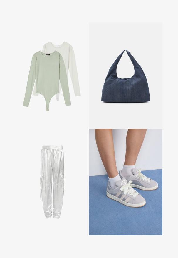 To lange ermer bodysuits: en i lys grønn med rund hals og puffermer, den andre i hvitt, med en jevn overflate og tettsittende passform.; Sølv cargo bukser med en skinnende, metallisk finish. Designet med en elastisk linning og to sidelommer for funksjonalitet.; Grå sueadesko med hvite lisser og gummisåle, med tre diagonale striper på siden og et logomerke på tungen.; Mørkeblå denimveske med en myk, slapp form, som har en hobo-stil håndtak og en teksturert overflate. Ingen synlige maskinvaredetaljer.