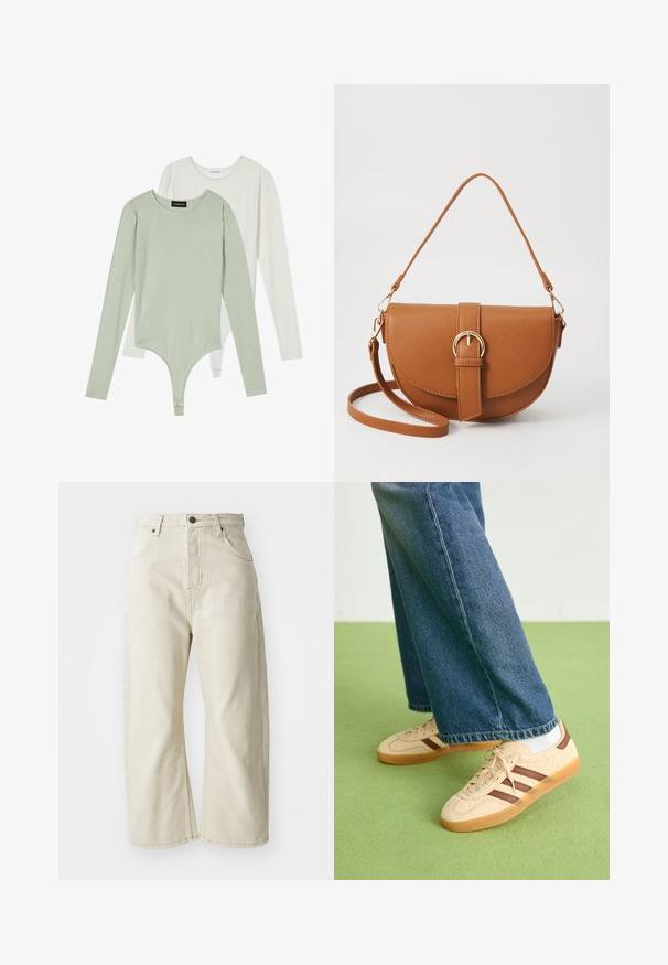 Kaks pikka varrukat kehaülikonda: üks helesinisest rohelisest, millel on ümar kaelus ja puhvritega varrukad, ja teine valgest, millel on sile viimistlus ja kitsas lõige.; Beige laiad jalad, mis on valmistatud puuvillase denimist, kõrge talje, viie tasku ja õrna pleekinud tekstuuriga. Messingi nupuga kinnitamine.; Beežid spordijalatsid tekstuursete kreemjatest paneelidest ja pruunidest triipudest, koos siniste denim pükstega. Püksid on avara säärega ja narmendava äärega.; Pruun nahast õlakott, millel on kumer kuju, kullavärvi riistvara ja pandlaga kaunistus. Omab eemaldatavat õlarihma.