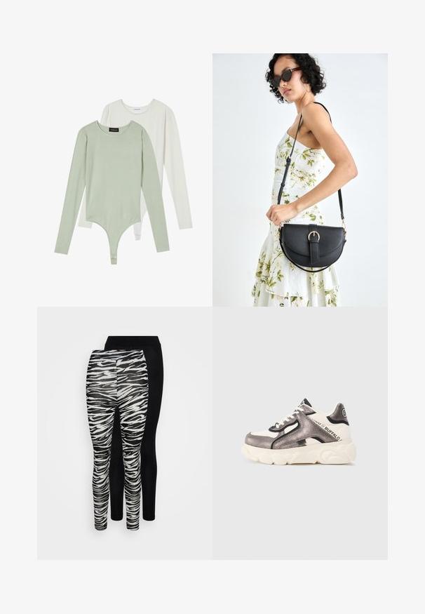 To lange ermer bodysuits: en i lys grønn med rund hals og puffermer, den andre i hvitt, med en jevn overflate og tettsittende passform.; To par med tights: en med svart og hvit zebra-stripe mønster og den andre i ensfarget svart. Mykt, elastisk stoff, tettsittende design.; Chunky sneakers i metallisk sølv og svart med hvit såle. Har en blanding av glatte og teksturerte materialer, samt fremtredende merkebokstaver.; Svart lærveske med en buet form, avtagbar stropp og gullbeslag. Vesken har et klaff med spenne-detall.