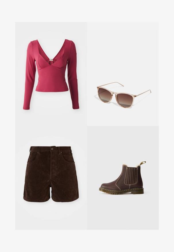 Ilgas rankovės viršus tamsiai raudonmedžio spalvos, su giliu V-kaklu, aptemptu siluetu, lygiu paviršiumi ir minimaliais siuvimo detalėmis.; Rudos zomšo šortai su aukštu liemeniu, mygtuko uždarymu ir keturiomis kišenėmis. Lygus tekstūra ir tiesus siluetas su švariomis linijomis.; Rudi odos Chelsea batai su geltonais siūlais, elastingais šoniniais kiaurymėmis, kailiniu pamušalu ir permatomu guminiu padu ant balto fono.; Rudi gradientiniai saulės akiniai su permatomu rožiniu rėmeliu, kvadratinės formos ir plonomis metalinėmis šakėmis. Yra su apvalintais kraštais ir minimaliais dekoratyviniais elementais.