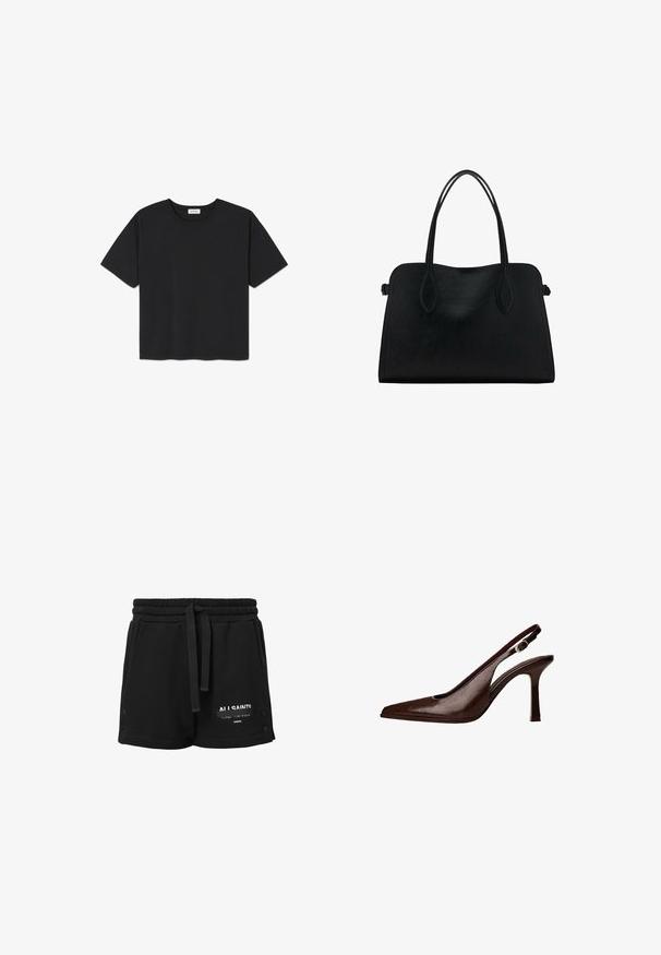 Czarny T-shirt z krótkim rękawem wykonany z bawełny, z okrągłym dekoltem i prostym dołem. Prosty i bez ozdób design.; Czarne bawełniane szorty z elastycznym pasem, sznurkiem do regulacji, białym logo oraz zatrzaskami po bokach. Gładka tekstura, casualowy design.; Brązowe skórzane sandały typu slingback z ostrym noskiem i cienkim obcasem. Posiadają małą klamrę akcentującą na pasku oraz błyszczące wykończenie.; Czarna skórzana torba na ramię z podwójnymi paskami, prostokątny kształt i minimalistyczny design na białym tle.