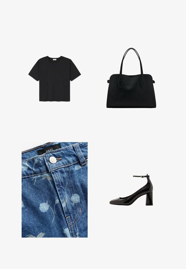 T-shirt nera a maniche corte realizzata in cotone, con scollo rotondo e orlo dritto. Design semplice e privo di decorazioni.; Tessuto jeans in blu chiaro, con stampa floreale. Include una chiusura con bottone argento e cuciture beige lungo le cuciture. Etichetta del marchio visibile.; Décolleté neri in vernice con cinturino alla caviglia, finitura lucida, punta affusolata e tacco a blocco spesso. Texture liscia, dettagli minimi.; Borsa a mano in pelle nera con doppio manico, forma rettangolare e design minimalista su sfondo bianco.
