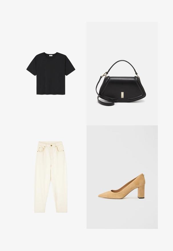 Musta lyhythihainen t-paita, joka on valmistettu puuvillasta. T-shirtissa on pyöreä kaula-aukko ja suora helma. Yksinkertainen ja koristelematon muotoilu.; Vaaleankerman väriset farkut suoranlahkeisina, joissa on kaksi etutaskua ja kultaiset yksityiskohdat. Sileä pinta ja klassinen muotoilu.; Beige mokkanahkainen korkokenkä, jossa on terävä kärki ja paksu lohko-korko. Materiaalissa on pehmeä rakenne ja sileä pinta.; Mustalla nahkalaukulla, jossa on jämäkkä muotoilu, lyhyt malli, yläkahva ja kultaiset yksityiskohdat. Säädettävä olkahihna sisältyy.