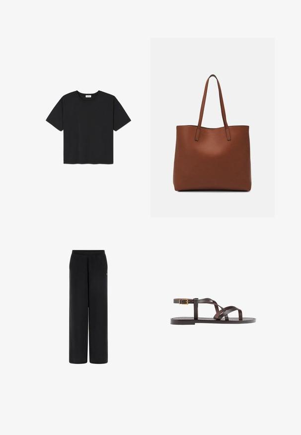 Sort kortærmet T-shirt lavet af bomuld, med rund halsudskæring og lige kant. Simpelt og udekoreret design.; Sorte bukser med bred benvidde lavet af blødt materiale med elastisk talje. Har et lille logo på venstre side. Glat tekstur og skræddersyet form.; Brune lædersandal med krydsende stropper, ankelspænde og en flad sål med minimale syninger.; Brun læder tote taske med en glat overflade, åben topdesign og to skulderremme. Har minimal syning og ingen synlig hardware.