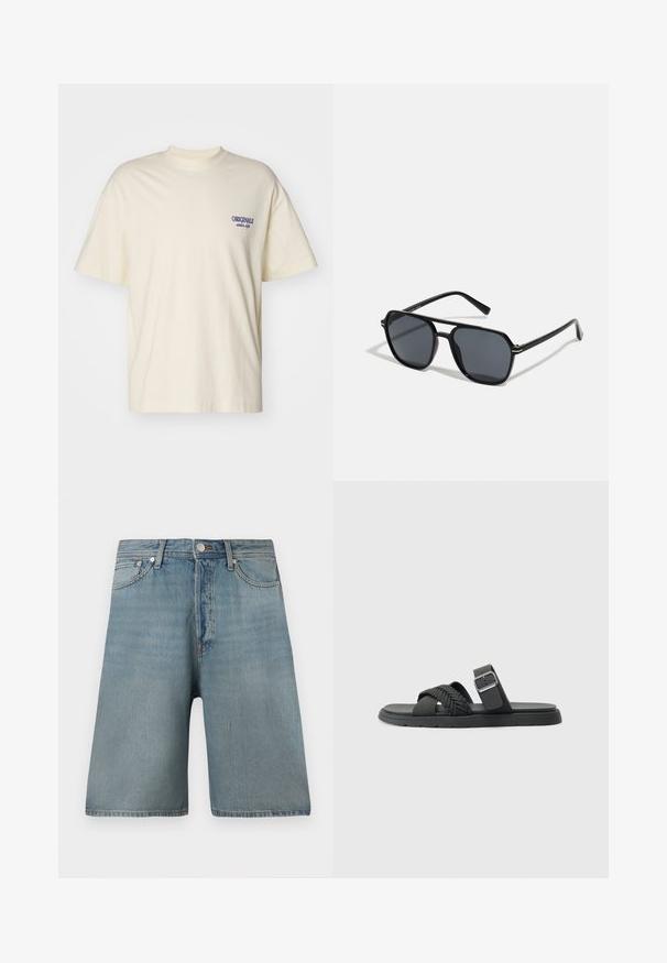 Kortermet kremfarget t-skjorte laget av bomull. Har en liten blå "ORIGINALS"-logo på venstre bryst. Klassisk passform og rund hals-design.; Lyseblå denimshorts med løs passform, fem lommer og tradisjonell knappelukking, med falmede flekker for et slitt utseende.; Svarte sandaler med flettede stropper, flat såle og spenne ved ankelen. Laget av syntetisk materiale med jevn finish.; Sorte solbriller med ottekantet ramme, mørke linser, blank finish, tynde stænger og guld accenter på fronten.