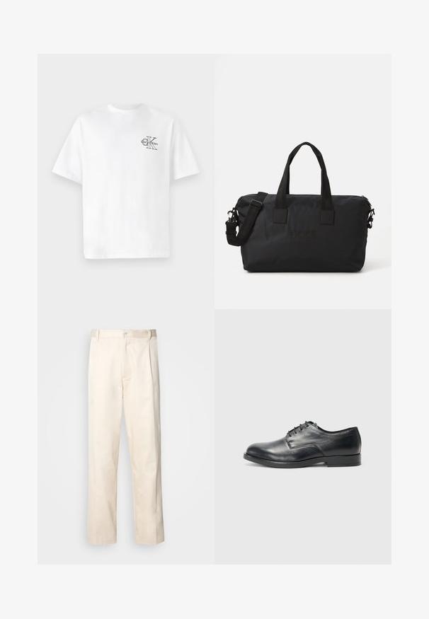 Fehér pamut póló rövid ujjakkal, kerek nyakkal, a bal mellkas részen fekete CK logóval, normál szabású, sima tapintású.; Beige pamut nadrág egyenes szárú kivágással, gombos záródással és elülső redőkkel a részletek fokozása érdekében.; Fekete bőr öltönycipő lekerekített orral, lapos talppal és hat fűzőlyukkal; sima felszín és minimalista dizájn.; Fekete nylon sporttáska két felső fogantyúval és leválasztható vállpánttal. Dombornyomott logóval és sima textúrával rendelkezik, cipzárral záródik.