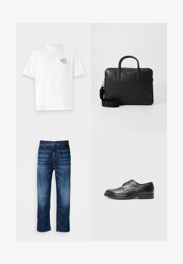 Valge puuvillane T-särk lühikeste varrukatega, ümmarguse kaelusega, mille vasakul rinnal on must CK logo, tavaprofiil, sile tekstuur.; Tumedat sinised sirged jalad denim teksad, millel on reitel kerge pleekimine ja nööp kinnitusega taljes, esitatud valgel taustal.; Must mängu mustad nahast kingad ümarate varvastega, tasase tallaga ning kuue silmaga paelte jaoks; sile tekstuur ja minimalistik disain.; Musta nahast portfell, millel on tekstuuriga viimistlus, kahekordsed käepidemed, eemaldatav õlarihm ja esipaneelile logo detail. Lukuga sulgemine.