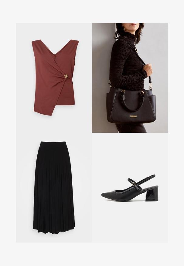 Sleeveless brown wrap top with asymmetrical hem and a gold decorative clasp on the side.; Black pleated skirt with a high, stretchy waistband. Made from soft fabric, featuring vertical pleats for a flowing silhouette.; Black patent leather slingback heels with a pointed toe, a rounded cutout design, and a block heel. Features a gold-tone buckle accent.; Black handbag with textured surface, dual top handles, and adjustable shoulder strap. Features gold-tone hardware and side pockets.