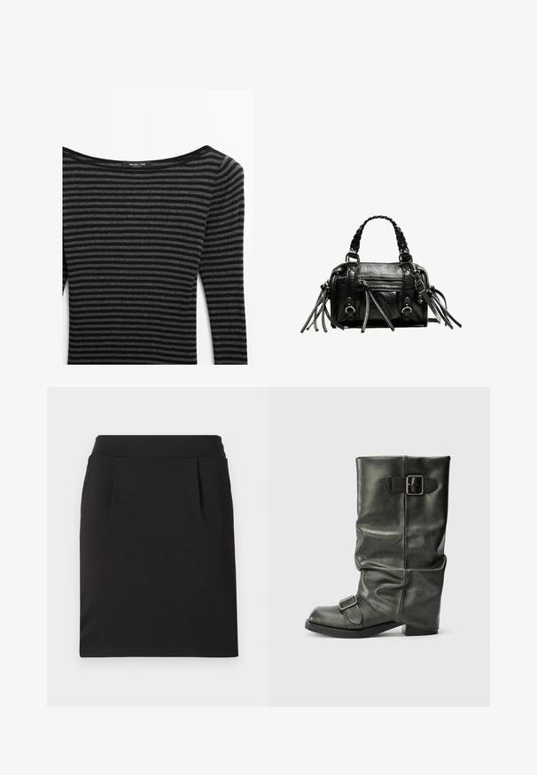 Zwart en grijs gestreepte trui met een geribbelde textuur, voorzien van een wijde halslijn en lange mouwen. Label: Massimo Dutti.; Zwarte knielange rok van soepel materiaal, met een aansluitende taille en twee subtiele plooien aan de voorkant voor extra detail.; Zwarte faux leren enkellaars met een slordige schacht, een chunky hak en twee metalen gespen aan de zijkant voor detail.; Zwarte leren handtas met gevlochten handvatten, textuur op het oppervlak, ritsvak aan de voorkant en decoratieve franjes. Compacte en gestructureerde vorm.