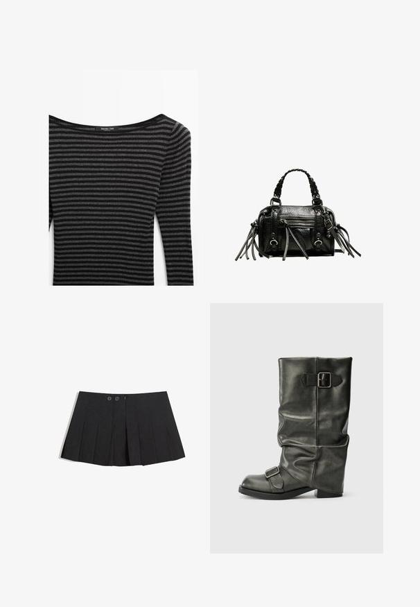 Czarny i szary sweter w paski o ryflowanej strukturze, z szerokim dekoltem i długimi rękawami. Metka: Massimo Dutti.; Czarna plisowana spódnica z materiału, z dwoma guzikami z przodu, z zamkiem błyskawicznym i prostym dołem.; Czarne botki z sztucznej skóry do kostek z luźnym cholewką, masywnym obcasem i dwoma metalowymi klamrami po bokach dla dekoracji.; Czarna skórzana torebka z plecionymi uchwytami, teksturowaną powierzchnią, zamykanym z przodu kieszonką oraz dekoracyjnymi frędzlami. Kompaktowy i wyraźny kształt.