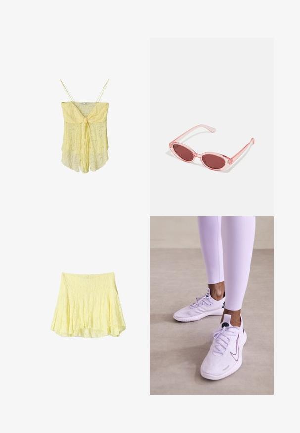 Camisola galbenă din dantelă, cu detaliu legat în față, bretele subțiri și o siluetă fluidă. Textura delicată și materialul moale creează un aspect ușor.; Fustă galbenă, evazată, realizată dintr-un material texturat, având un design în straturi cu un tiv ușor inegal. Aspect ușor și aerisit.; Nike Performance FREE RN FK NATURE - Pantofi de alergare pe asfalt - lilac bloom/black/barely grape/vivid purple; Ochelari de soare roz transparenți cu lentile ovale, nuanță roșie închisă și brațe subțiri, având un finisaj neted și detalii subtile pe cadru.