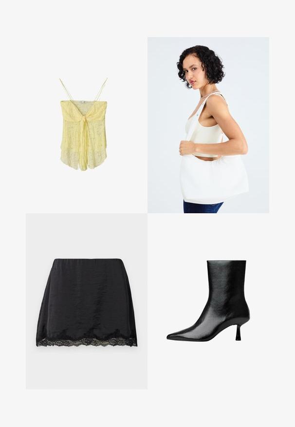 Žlutý krajkový top s detailem na zavazování vpředu, tenkými ramínky a volným střihem. Jemná textura a měkká látka vytvářejí lehký vzhled.; Černá saténová mini sukně s přímým střihem, zdobená lemováním z vláčené krajky na okraji, hladkou texturou a elastickým pasem.; Černé kotníkové boty vyrobené z lesklé kůže s špičatou špičkou a úzkým podpatkem, se hladkým povrchem a minimalistickým designem.; Bílá kabelka přes rameno vyrobená z hladkého materiálu, s oválným výřezem a širokým designem popruhu. Jednoduchá a moderní, bez viditelného hardwaru.; Hromádka dvou prstenů; horní je jantaru s vířením a dolní je světle béžová; oba jsou hladké a lesklé pryskyřice.
