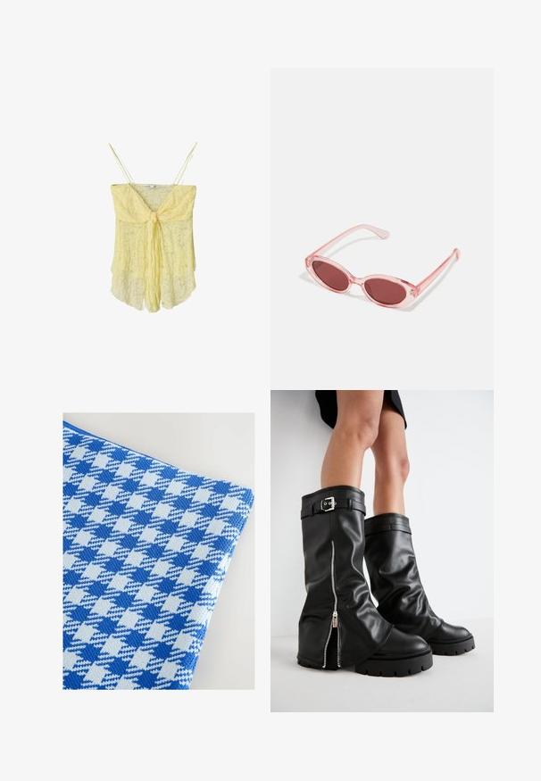 Keltainen pitsinen toppi, jossa on solmittava etuosa, ohuet hihnat ja virtaava siluetti. Hennot rakenteet ja pehmeä kangas luovat kevyen ilmeen.; Sininen ja vaaleansininen houndstooth-kuvioitu kangas, jossa on teksturoitu neulekuvio, joka tarjoaa sileän pinnan ja pehmeän ulkonäön.; Musta nahkainen polvipitkä saappaat, joissa on leveä varsi, sivuzip, solkiyksityiskohta, teksturoidu pinta ja paksu kumipohja.; Vaaleanpunaiset läpinäkyvät aurinkolasit, joissa on soikeat linssit, tumma punainen sävy ja hoikat sankarit. Kehyksissä on sileä pinta ja hienovaraista yksityiskohtaisuutta.