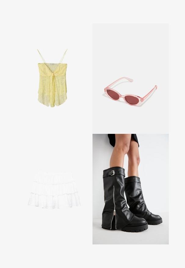 Camisola in pizzo giallo con dettaglio davanti a nodo, spalline sottili e una silhouette fluida. La texture delicata e il tessuto morbido creano un aspetto leggero.; Gonna bianca a strati realizzata in tessuto leggero e corposo. Caratterizzata da tre strati arricciati e una vita elastica.; Stivali alti neri in pelle con alti fianchi, dotati di cerniera laterale e accentuato con fibbia, finitura testurizzata e suola in gomma spessa.; Occhiali da sole rosa trasparenti con lenti ovali, tonalità rosso scuro e bracci sottili, dotati di una finitura liscia e dettagli sottili sulla montatura.
