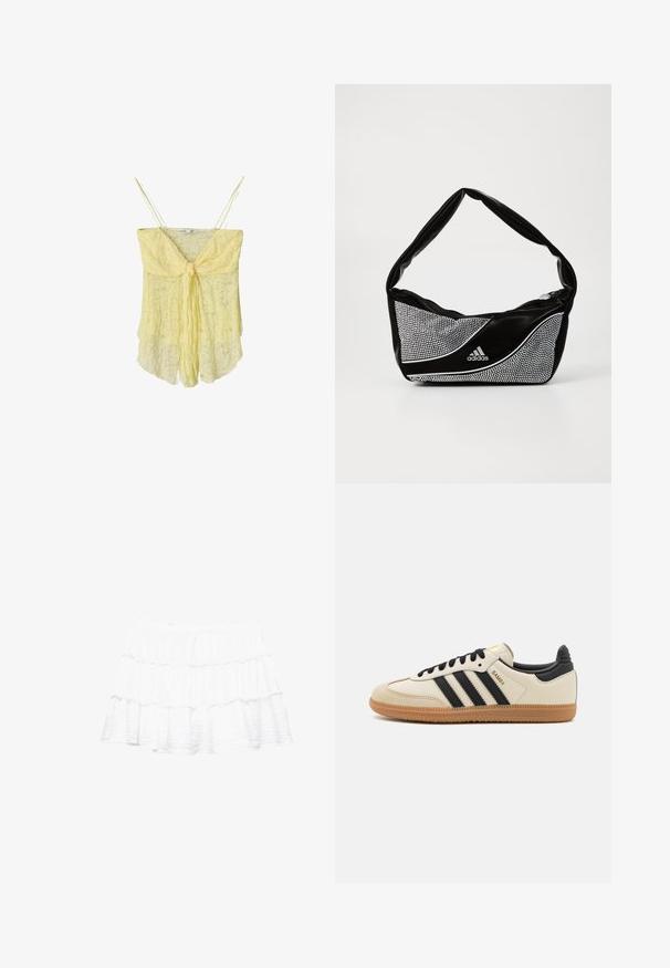 Geel kanten cami met een knoopdetail aan de voorkant, dunne bandjes en een vloeiende silhouet. Delicate textuur en zachte stof creëren een lichte uitstraling.; Witte gelaagde rok van lichtgewicht, gestructureerde stof. Heeft drie rimpelige lagen en een elastische tailleband.; Beige sportieve schoen met zwarte strepen, gumrubberen zool en zwarte accenten. Beschikt over een gladleren bovenkant en een ronde neusdesign.; Zwarte en zilveren adidas-handtas met een gladde textuur, voorzien van een glanzend gestofd patroon en een onderscheidend gebogen ontwerp.