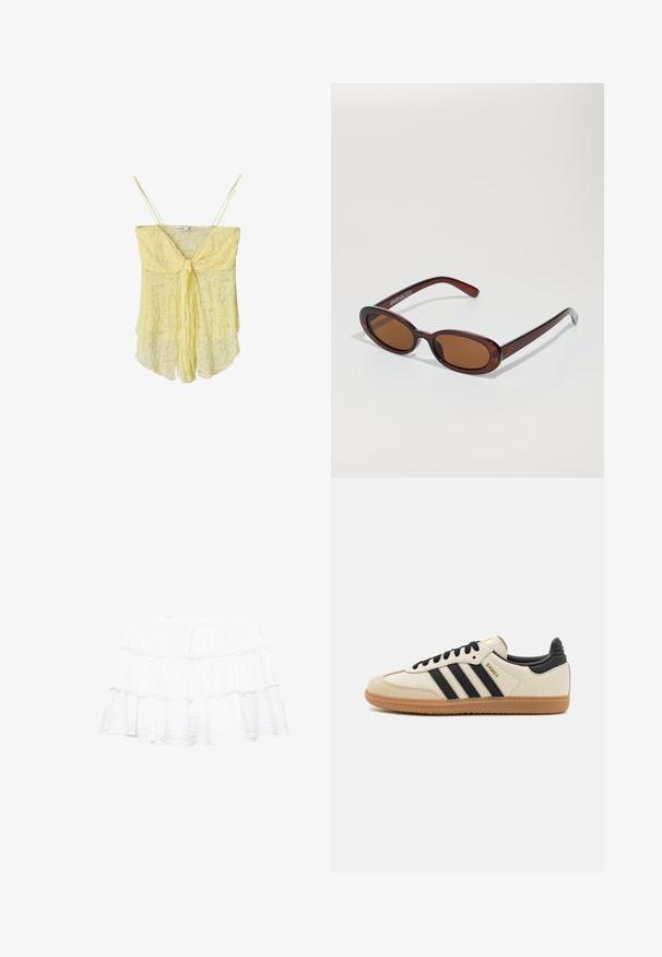 Keltainen pitsinen toppi, jossa on solmittava etuosa, ohuet hihnat ja virtaava siluetti. Hennot rakenteet ja pehmeä kangas luovat kevyen ilmeen.; Valkoinen kerroksellinen hame, joka on valmistettu kevyestä ja teksturoidusta kankaasta. Ominaisuuksiin kuuluu kolme poimutettua kerrosta ja joustava vyötärö.; Beige urheilukenkä mustilla raidoilla, kumipohjalla ja mustilla yksityiskohdilla. Ominaisuuksiin kuuluu sileä nahkainen päällinen ja pyöristetty kärjen muoto.; Pyöreät, ruskehtavat aurinkolasit, joissa on kiiltävä burgundinpunainen runko. Kapeat sivut, joissa on hienovarainen brändäys. Litteät linssit.
