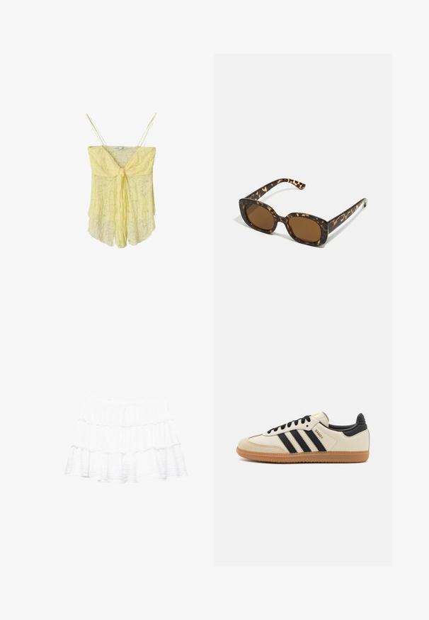 Žltý čipkový top s uzlom na prednej strane, tenkými ramienkami a splývavým strihom. Jemná textúra a mäkká tkanina vytvárajú ľahký vzhľad.; Biely tierovaný sukňa vyrobená z ľahkej, textúrovanej tkaniny. Obsahuje tri riasené vrstvy a elastický pás.; Béžová športová obuv s čiernymi pruhmi, gumovou podošvou a čiernymi akcentami. Má hladký kožený zvršok a zaoblený dizajn prstov.; Slnečné okuliare v tortoiseshell štýle s okrúhlym, robustným rámom a hnedými šošovkami. Má jemné vzory a rovné, zoštíhlené ramená.