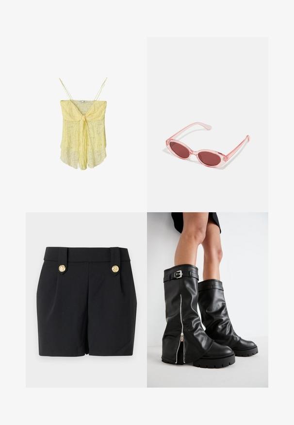 Geel kanten cami met een knoopdetail aan de voorkant, dunne bandjes en een vloeiende silhouet. Delicate textuur en zachte stof creëren een lichte uitstraling.; Zwarte shorts met een op maat gemaakt ontwerp, voorzien van decoratieve knopen in goudkleur en een gladde textuur. Geen zakken of zichtbare naden.; Zwarte leren kniehoge laarzen met een brede schacht, voorzien van een zijrits en een gespaccent, met een gestructureerde afwerking en een chunky rubberen zool.; Roze transparante zonnebril met ovale lenzen, donkerrode tint en slanke pootjes, met een gladde afwerking en subtiele details op het frame.