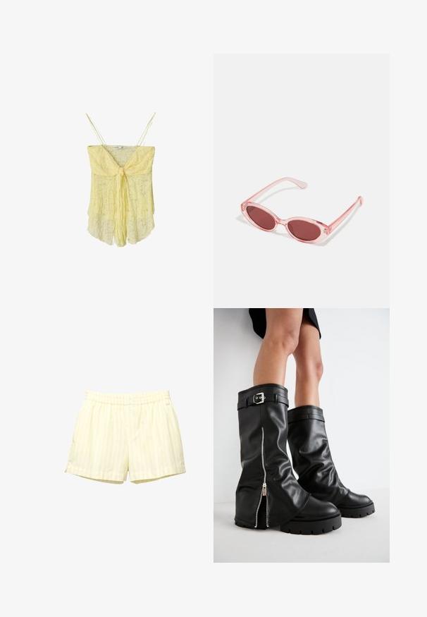 Gelbe Spitzen-Camisole mit einer Krawatten-Frontdetail, dünnen Trägern und einer fließenden Silhouette. Zarte Textur und weicher Stoff verleihen ein leichtes Aussehen.; Gelb gestreifte Shorts aus weichem Stoff, mit einem elastischen Bund und zwei Knopfverschlüssen. Horizontale Streifen in hellgelb und weiß.; Schwarze Lederstiefel bis zum Knie mit weiter Schaftweite, seitlichem Reißverschluss und Schnallenakzent, strukturierter Oberfläche und robuster Gummisohle.; Pink transparente Sonnenbrille mit ovalen Gläsern, dunkler roter Tönung und schlanken Bügeln, ausgestattet mit einer glatten Oberfläche und dezenten Details am Rahmen.