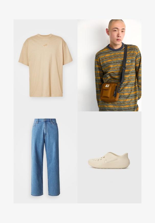 Tricou din bumbac bej cu decolteu rotund, mâneci scurte și un mic logo brodat Nike în portocaliu pe piept. Croială ușor relaxată.; Jeans din denim bleu deschis, cu croi larg, prezentând talie înaltă, cinci buzunare și închidere cu nasture. Textură netedă, cu estompare minimă.; Pantof bej, tip slip-on, cu un finisaj neted și lucios, având găuri laterale pentru ventilație și un toc texturat, cu striații. Accents cu logo argintiu.; Geantă crossbody din material maro, cu fermoar și buzunar frontal; purtată peste o cămașă cu mânecă lungă în dungi gri și portocalii, având un ecuson cu logo.