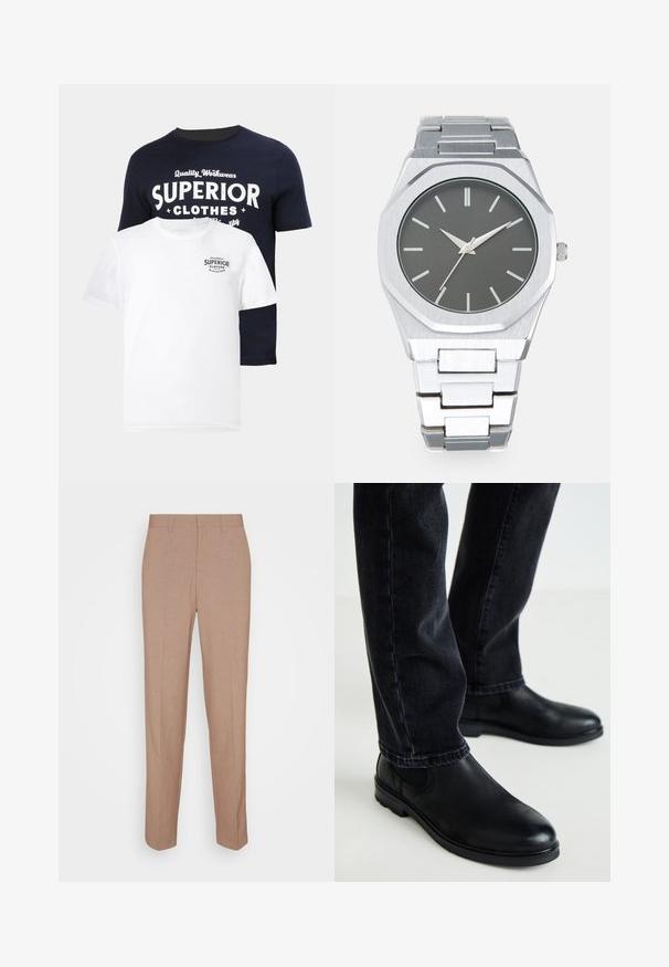 Dvě trička: jedno námořnické modré s bílým grafickým textem "SUPERIOR CLOTHES" a jedno bílé s menším námořnickým logem. Obě jsou z bavlny, s kulatým výstřihem.; Béžové kalhoty na míru z hladké, texturované látky. Rovný střih s pasem a bez viditelných ozdob nebo kapes.; Černé kožené kotníkové boty s kulatou špičkou a elastickými bočními panely, nošené s tmavými džíny, vystihující hladkou strukturu a elegantní design.; Stříbrné analogové hodinky s osmiúhelníkovým pouzdrem, šedým ciferníkem, stříbrnými indexy a nerezovým ocelovým náramkem. Minimalistický design s hladkou texturou.