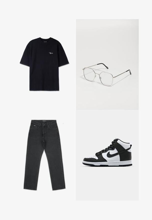 Svart kortermet t-skjorte med en teksturert vaffelmønster og en liten hvit logo på venstre bryst. Ribbet halsutringning.; Sorte denimbukser med høy midje, rett passform og subtil teksturert finish. Har standard fem-lommers design og front knappelukking.; Svart og hvit høyhælte sneakers med overdel i skinn, perforert tåboks, fremtredende swoosh-logo og texturert gummisåle.; Sølvrøde metalbriller med geometrisk oktagonal form, klare linser og sorte spidser på stængerne. Minimalistisk design med tynde rammer.