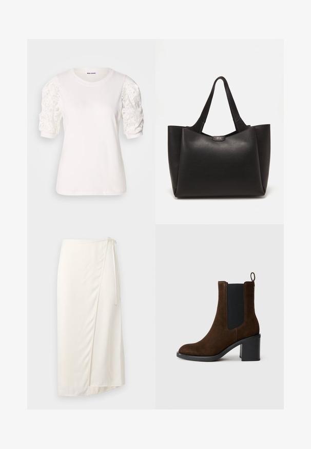 T-shirt branca com mangas curtas e bufantes feitas de renda. Decote redondo, textura suave e um corte ligeiramente solto. Etiqueta da marca visível no interior.; Saia envolvente creme feita de tecido suave, apresentando um fecho lateral com laço e uma bainha à altura do joelho com uma fenda frontal subtil para facilitar o movimento.; Botim de tornozelo em camurça castanha com bico arredondado, painel elástico lateral e salto quadrado. Apresenta uma alça na parte de trás para fácil calçar.; Bolsa tote de couro preto com acabamento texturizado, apresentando duas alças robustas e um detalhe metálico com o logotipo na parte central superior.