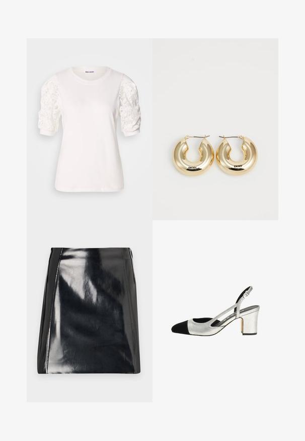 Weißes T-Shirt mit kurzen, puffartigen Ärmeln aus Spitze. Rundhalsausschnitt, weiche Textur und eine leicht lockere Passform. Markenetikett innen sichtbar.; Schwarzer Leder-Minirock mit hochglänzender Oberfläche. Verfügt über sichtbare Nähte und eine figurbetonte Silhouette. Glatte Textur über die gesamte Fläche.; Silberne Slingback-Pumps mit einer schwarzen Kappe an der Zehe, strukturiertem Obermaterial und einem Blockabsatz. Mit ausgeschnittenen Seiten und einem verstellbaren Riemen für die perfekte Passform.; Goldene Creolen mit einem glatten, abgerundeten Design und einer glänzenden Oberfläche, ausgestattet mit einem Verschluss zur Sicherung. Mit "DKNY" graviert.