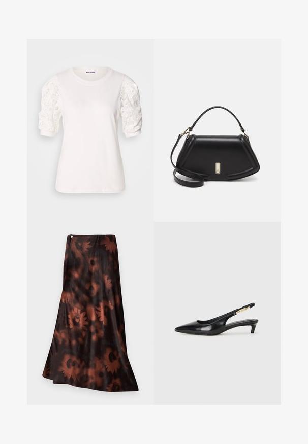 White t-shirt with short, puffed sleeves made of lace. Round neckline, soft texture, and a slightly loose fit. Brand label visible inside.; Long skirt in a flowing design, featuring a dark brown base with a floral pattern in rich rust tones and a smooth, glossy texture.; Black leather slingback heels with a pointed toe, featuring a slim heel and a gold-tone accent on the adjustable strap. Smooth texture.; Black leather handbag with a structured design, featuring a cropped shape, top handle, and gold hardware accent. Adjustable shoulder strap included.