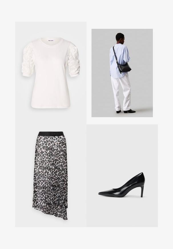 Valge lühikeste puffse varrukatega t-särk, mis on valmistatud pitsist. Ümar kaelus, pehme tekstuur ja kergelt laiem lõige. Brändi silt nähtav seest.; Klõpsu midi seelik musta ja beeži leopardimustriga, must elastne vöökoht DKNY logoga. Kerge, poolläbipaistev kangas.; Mustmust musta kõrge kontsaga king, millel on terav varvas, sile tekstuur ja kitsenev konts. Minimalistlik disain, ilma täiendavate kaunistusteta.; Must have mustras alasi nahkpatsi, pehme tekstuuriga, kolmnurkse kujuga ja reguleeritava rihmaga, koos helesinise triibulise särgi ja valgete pükstega.