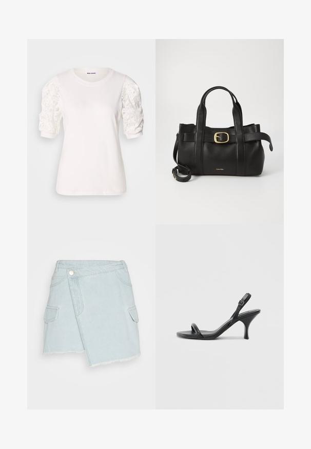 White t-shirt with short, puffed sleeves made of lace. Round neckline, soft texture, and a slightly loose fit. Brand label visible inside.; Light blue denim wrap skirt with a frayed hem, front button closure, and two side pockets. Features a relaxed fit and smooth texture.; Black leather high-heeled sandals with a slim, curved heel and a crossed strap design. Adjustable ankle strap. Smooth texture.; Black leather handbag featuring a structured design, dual top handles, gold-tone buckle accent, and embossed brand logo at the front.