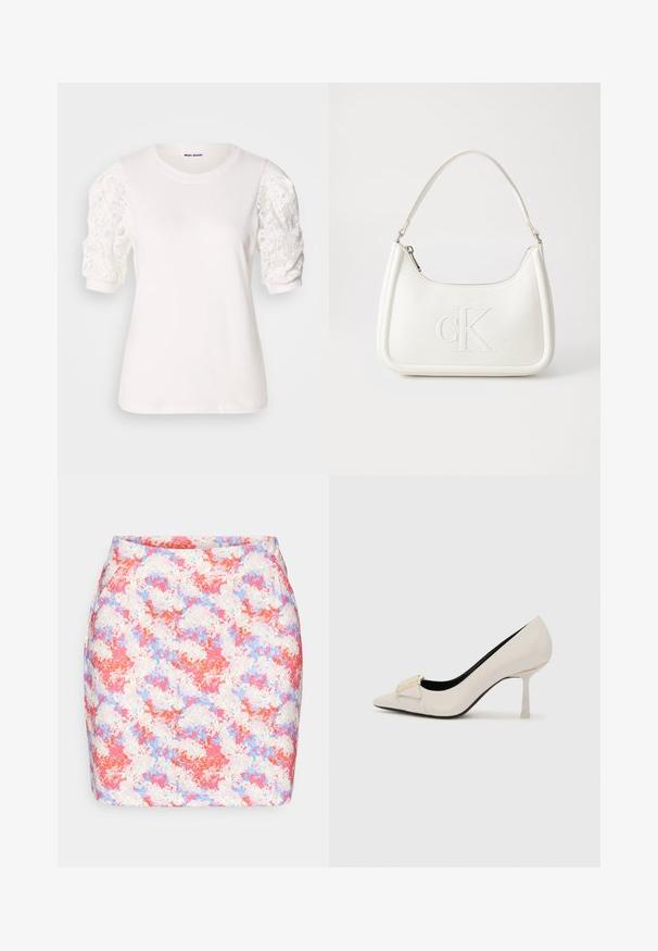 Witte t-shirt met korte, opgeblazen mouwen van kant. Ronde halslijn, zachte textuur en een iets losse pasvorm. Merkenlabel zichtbaar aan de binnenkant.; Kleurige bloemen mini-jurk met een aansluitend ontwerp, met tinten van roze, blauw en witte patronen op een zachte fabricagestof.; Beige hoge hakken met een spitse neus, glanzend leren materiaal, goudkleurig accent aan de voorkant en een slanke stiletto-hak.; Witte lederen handtas met een gebogen vorm, voorzien van een reliëf "CK" logo aan de voorkant en een enkele schouderriem. Ritsluiting aan de bovenkant.