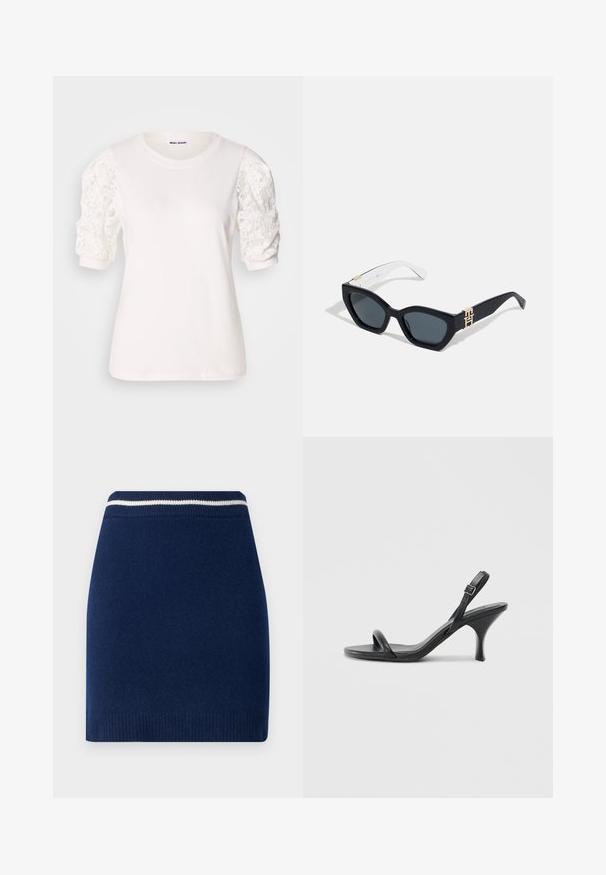 Biela tričko s krátkymi, naberanými rukávmi z čipky. Okrúhly výstrih, jemná textúra a mierne voľný strih. Značková etiketa viditeľná vo vnútri.; Námornícky pletená sukňa so priliehavým strihom, s rebrovaným pásom s kontrastným bielym pruhom. Hladká textúra, dĺžka nad kolená.; Čierne kožené sandále na vysokom podpätku s štíhlym, zakriveným podpätkom a prekríženým pásikovým dizajnom. Nastaviteľný pásik okolo členka. Hladká textúra.; Tommy Hilfiger Slnečné okuliare - blue