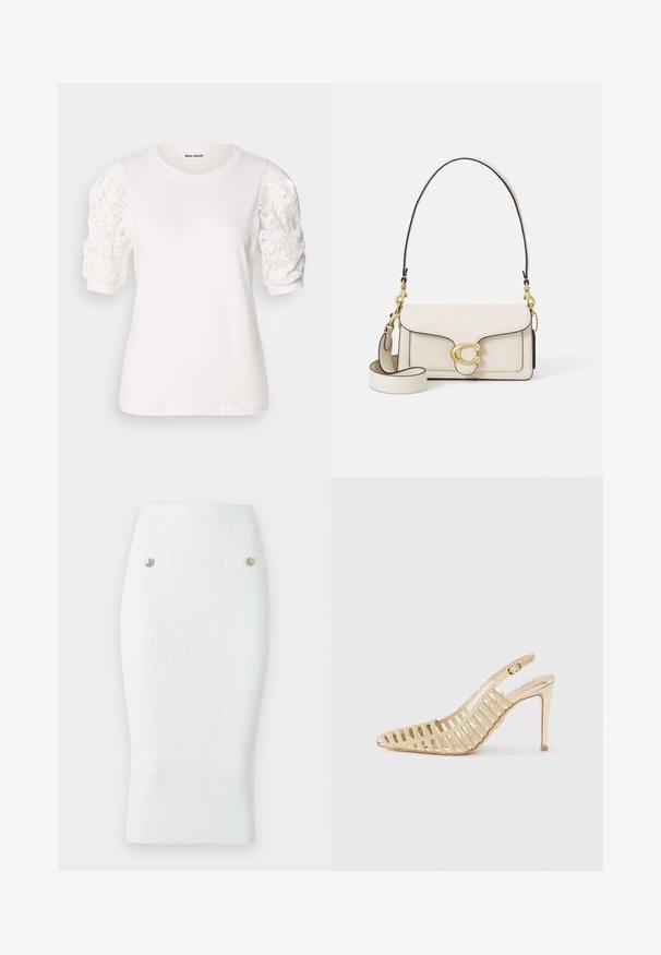 Fehér, rövid, puffos ujjú csipkeborítású póló. Kerek nyakkivágás, puha tapintás és enyhén bő szabás. A márkajelzés a belsejében látható.; Fehér, bordázott ceruza szoknya, amely testhez álló fazonnal, texturált anyaggal, rugalmas derékkal és két dekoratív aranyszínű gombbal rendelkezik.; Arany slingback magassarkú cipő, kivágott mintával, hegyes orral és sima felülettel, fényes fémes befejezéssel.; Krém színű bőrtáska strukturált kivitelben, kontrasztos fekete élekkel, arany hardware-rel, és egy levehető pánttal, amelyen a jellegzetes logó található.