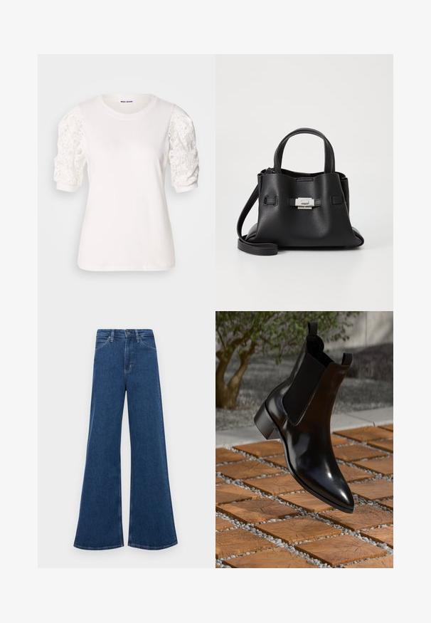 Tricou alb cu mâneci scurte, puffate, din dantelă. Decolteu rotund, textură moale și o croială ușor lejeră. Eticheta brandului vizibilă în interior.; Jeans din denim albastru cu talie înaltă, cu o croială evazată, având cinci buzunare, închidere cu nasture și cusături în contrast pe șuvițe.; Botă Chelsea din piele neagră, cu vârf ascuțit, panouri elastice pe lateral și toc masiv, așezată deasupra unei suprafețe cu model de piatră și lemn.; Geantă de mână din piele neagră cu o finisare texturată, având două mânere superioare, o curea de umăr detașabilă și un detaliu cu închidere din argint.