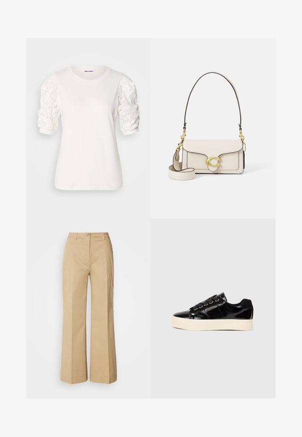 Bijela majica s kratkim, naboranim rukavima od čipke. Okrugli izrez, mekana tekstura i malo širi kroj. Oznaka branda vidljiva unutra.; Bež hlače širokih nogavica izrađene od mješavine pamuka. Imaju zatvaranje na dugme, detalje na prednjem šavu i čiste rubove s blagom teksturom.; Crne patent kože tenisice s ravnim kremasto bijelim đonom. Sadrže crne vezice, zlatne rupe za vezivanje i detalj loga sa strane. Dizajn s okruglim vrhom.; Kremasta kožna torba s oblikovanjem, kontrastnim crnim rubovima, zlatnim detaljima i odvojivim remenom s potpisanim logotipom.